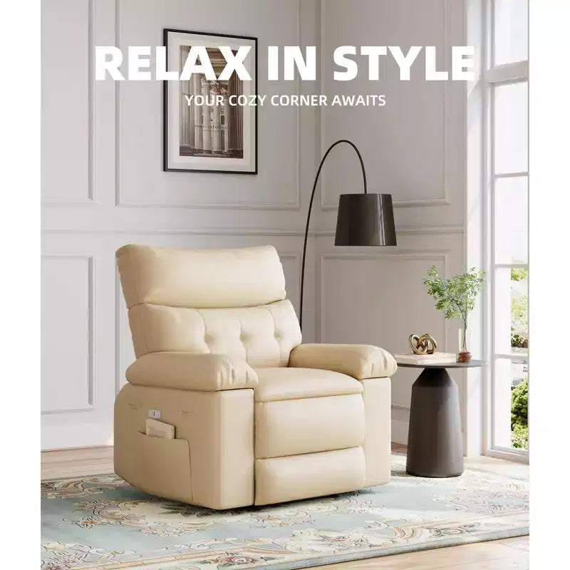 Poltrona reclinabile oversize COZONY, reclinabile manuale in pelle con supporto lombare e tasca laterale per soggiorno