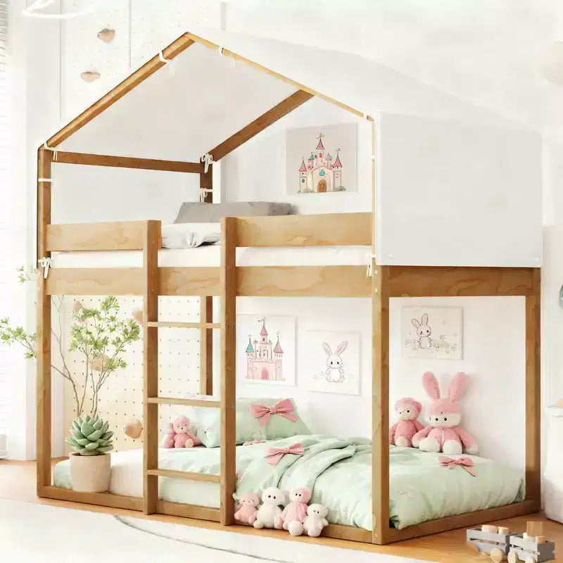 Letto a Castello in Legno Luxystar Twin Over Twin con Tenda per Bambini