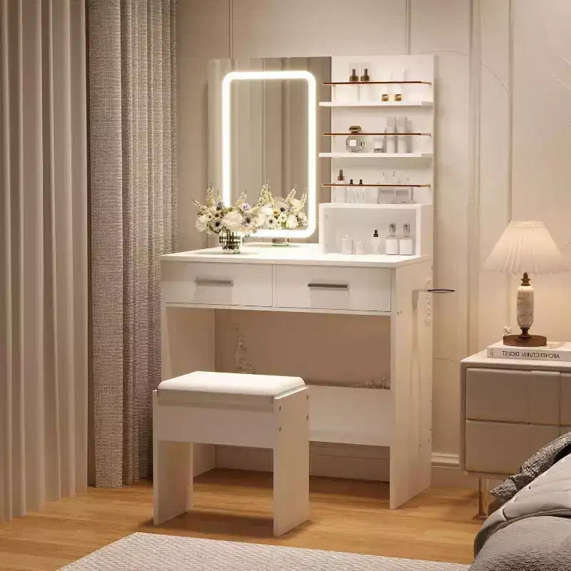 Tavolo da Trucco con Specchio Illuminato, Toeletta da Trucco con Presa di Corrente, 3 Colori di Illuminazione, Luminosità Regolabile, Tavolo da Trucco per Donne