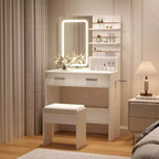 Tavolo da Trucco con Specchio Illuminato, Toeletta da Trucco con Presa di Corrente, 3 Colori di Illuminazione, Luminosità Regolabile, Tavolo da Trucco per Donne