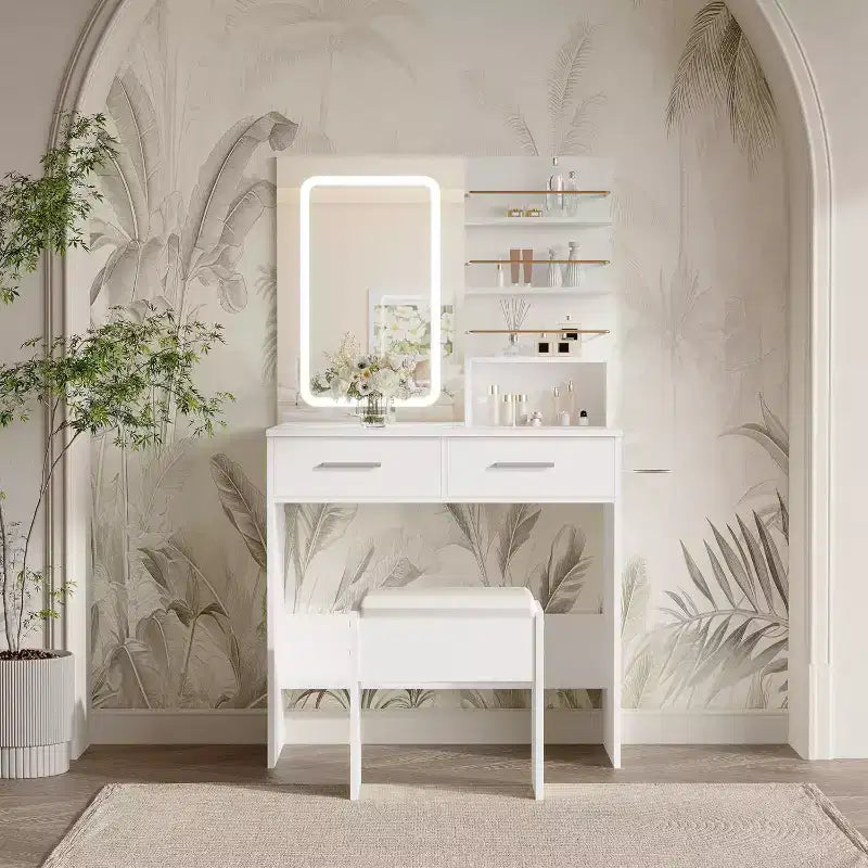 Tavolo da Trucco con Specchio Illuminato, Toeletta da Trucco con Presa di Corrente, 3 Colori di Illuminazione, Luminosità Regolabile, Tavolo da Trucco per Donne