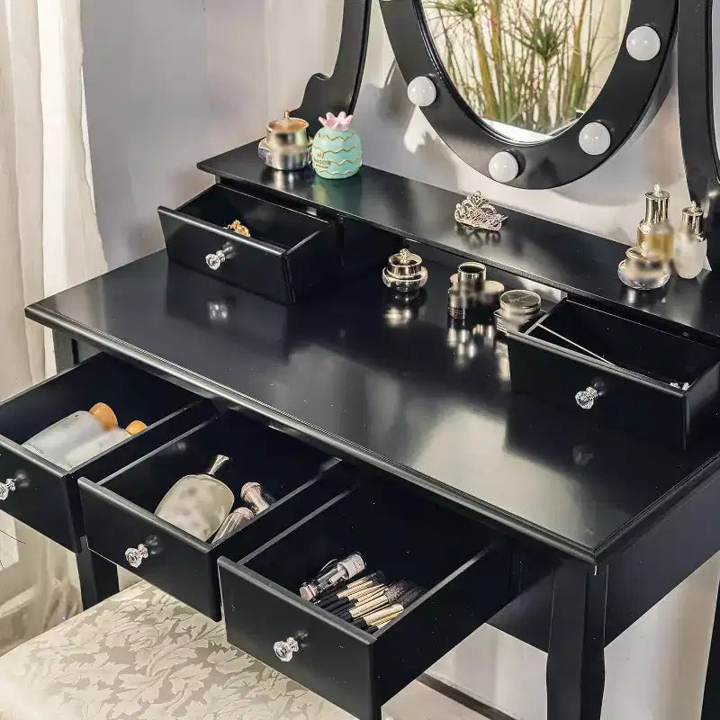 Moderna Toeletta con Specchi e Luce LED, Scrivania da Trucco 2 in 1 in Legno con Sedie, con Cassetti, Contenitori, per Camera da Letto