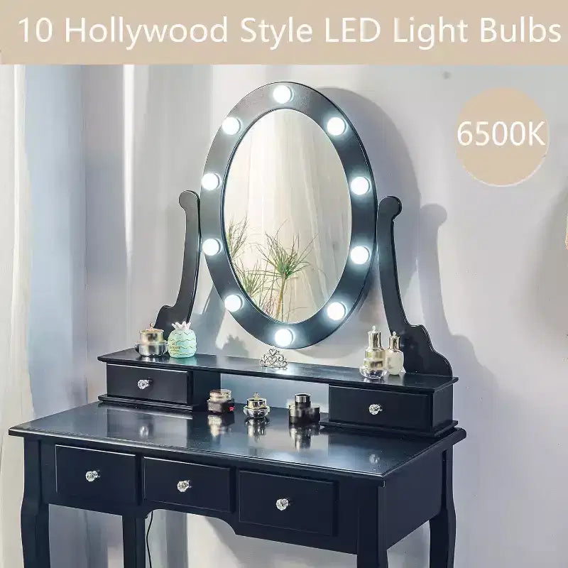 Moderna Toeletta con Specchi e Luce LED, Scrivania da Trucco 2 in 1 in Legno con Sedie, con Cassetti, Contenitori, per Camera da Letto