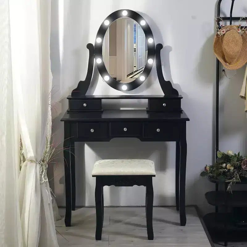 Moderna Toeletta con Specchi e Luce LED, Scrivania da Trucco 2 in 1 in Legno con Sedie, con Cassetti, Contenitori, per Camera da Letto