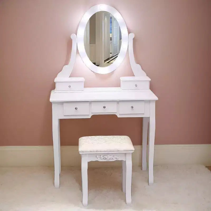 Moderna Toeletta con Specchi e Luce LED, Scrivania da Trucco 2 in 1 in Legno con Sedie, con Cassetti, Contenitori, per Camera da Letto