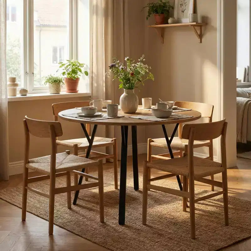 Homy Casa Tavolo da pranzo rotondo da 89,9 cm, piano effetto legno, gambe in metallo nero, 2-4 posti