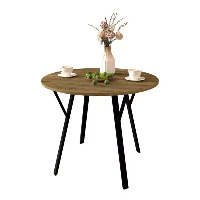 Homy Casa Tavolo da pranzo rotondo da 89,9 cm, piano effetto legno, gambe in metallo nero, 2-4 posti