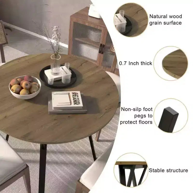 Homy Casa Tavolo da pranzo rotondo da 89,9 cm, piano effetto legno, gambe in metallo nero, 2-4 posti