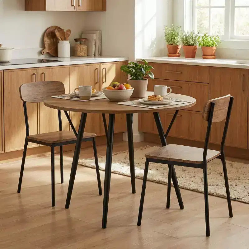 Homy Casa Tavolo da pranzo rotondo da 89,9 cm, piano effetto legno, gambe in metallo nero, 2-4 posti