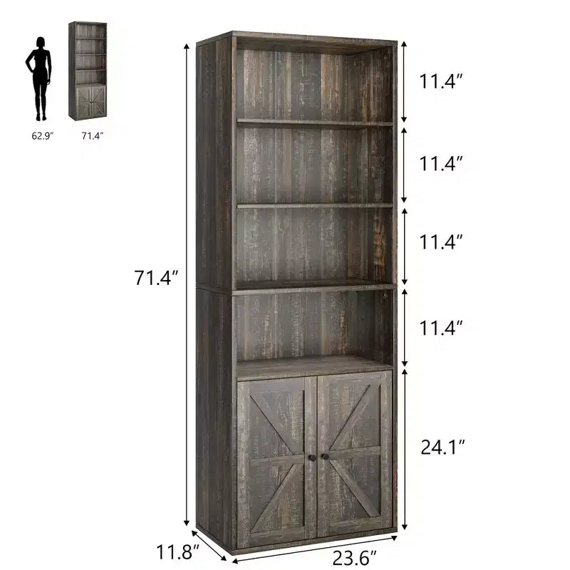 Libreria industriale con ante, libreria rustica da 71,4" con 6 ripiani (4 aperti e 2 dietro l'armadietto), scaffale in legno per soggiorno, ufficio domestico