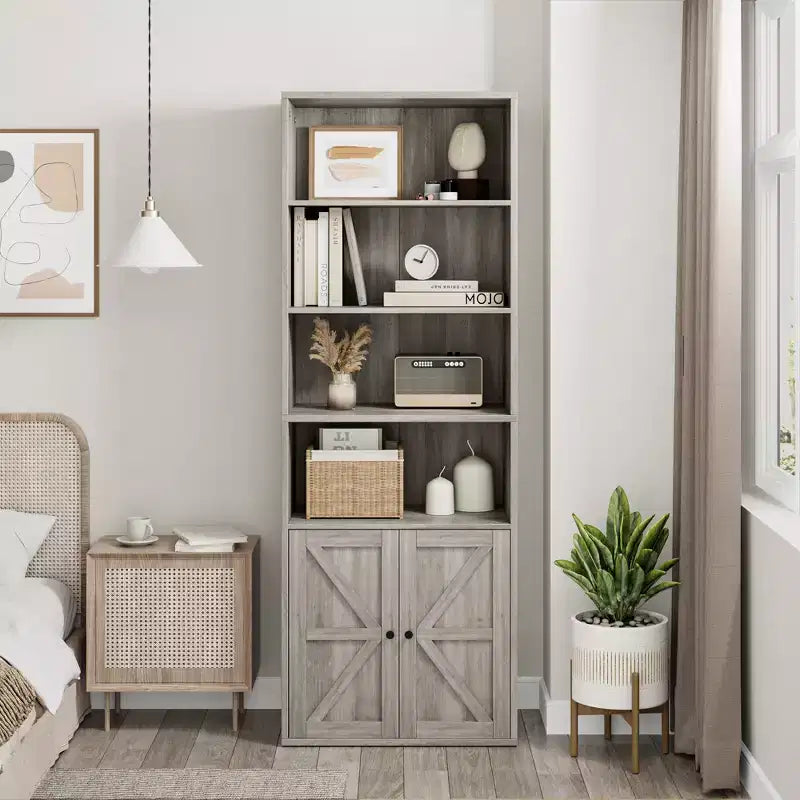 Libreria industriale con ante, libreria rustica da 71,4" con 6 ripiani (4 aperti e 2 dietro l'armadietto), scaffale in legno per soggiorno, ufficio domestico