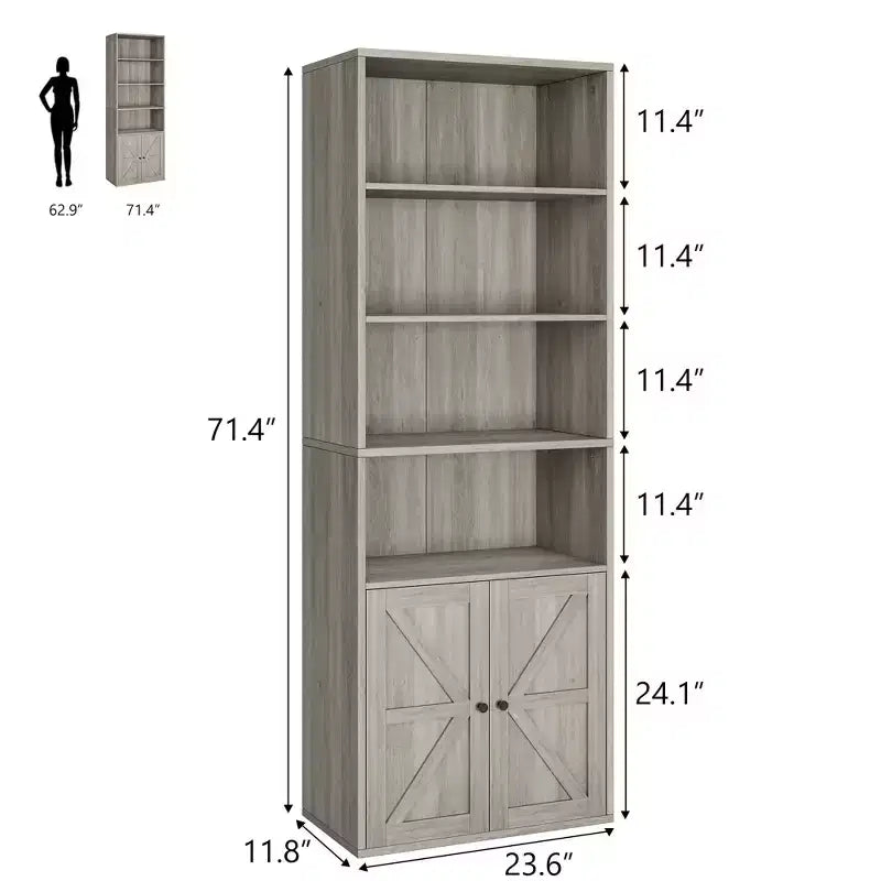 Libreria industriale con ante, libreria rustica da 71,4" con 6 ripiani (4 aperti e 2 dietro l'armadietto), scaffale in legno per soggiorno, ufficio domestico