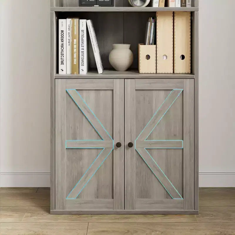 Libreria industriale con ante, libreria rustica da 71,4" con 6 ripiani (4 aperti e 2 dietro l'armadietto), scaffale in legno per soggiorno, ufficio domestico