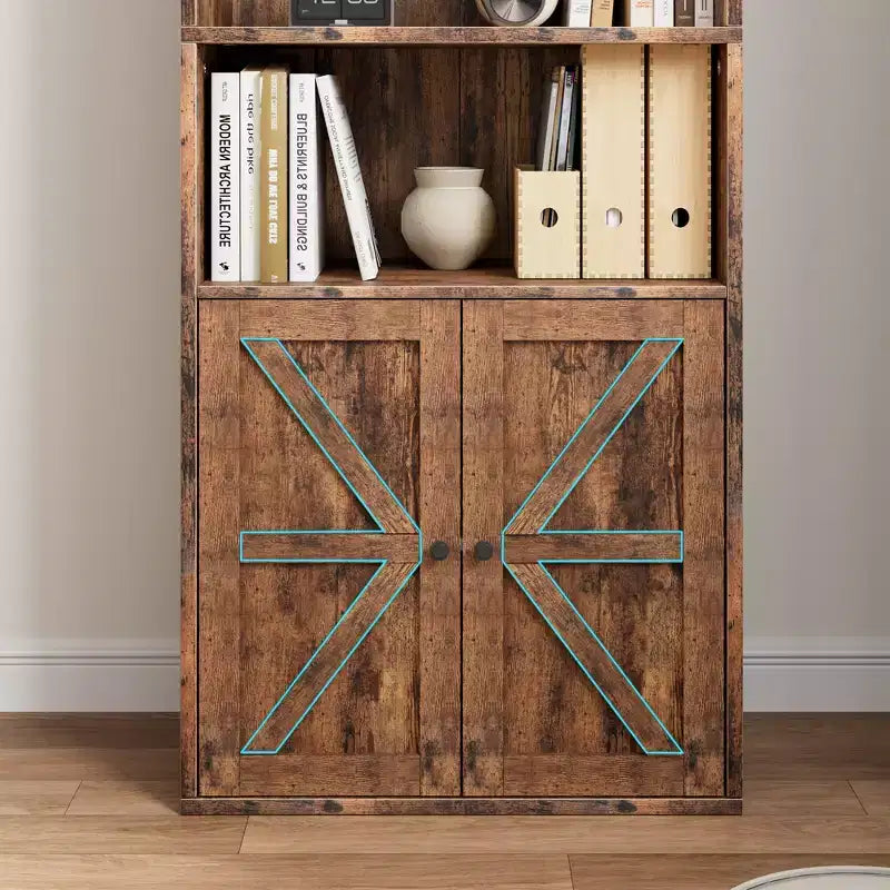 Libreria industriale con ante, libreria rustica da 71,4" con 6 ripiani (4 aperti e 2 dietro l'armadietto), scaffale in legno per soggiorno, ufficio domestico