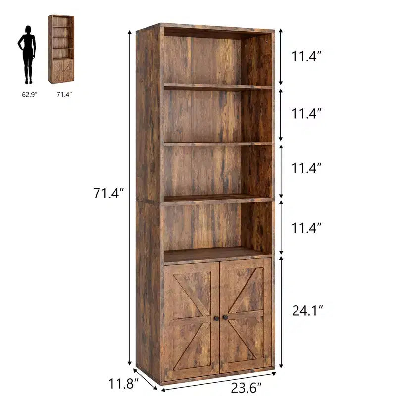 Libreria industriale con ante, libreria rustica da 71,4" con 6 ripiani (4 aperti e 2 dietro l'armadietto), scaffale in legno per soggiorno, ufficio domestico
