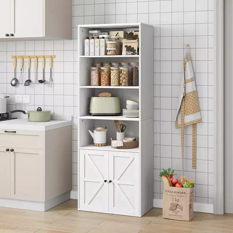 Libreria industriale con ante, libreria rustica da 71,4" con 6 ripiani (4 aperti e 2 dietro l'armadietto), scaffale in legno per soggiorno, ufficio domestico