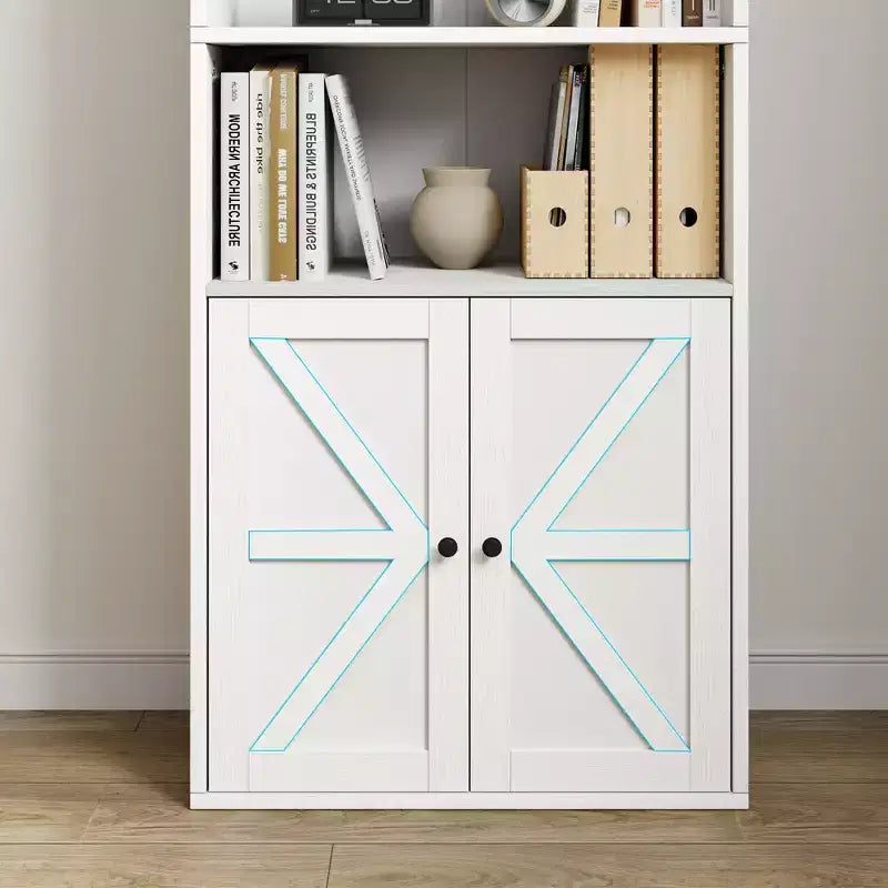 Libreria industriale con ante, libreria rustica da 71,4" con 6 ripiani (4 aperti e 2 dietro l'armadietto), scaffale in legno per soggiorno, ufficio domestico