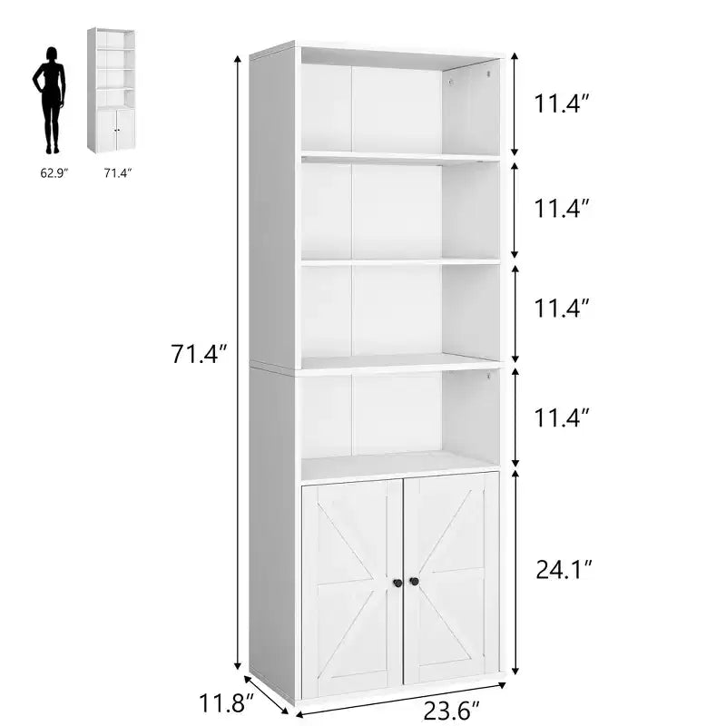 Libreria industriale con ante, libreria rustica da 71,4" con 6 ripiani (4 aperti e 2 dietro l'armadietto), scaffale in legno per soggiorno, ufficio domestico