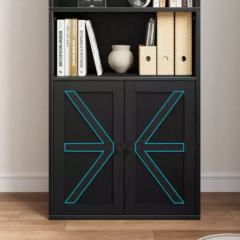 Libreria industriale con ante, libreria rustica da 71,4" con 6 ripiani (4 aperti e 2 dietro l'armadietto), scaffale in legno per soggiorno, ufficio domestico