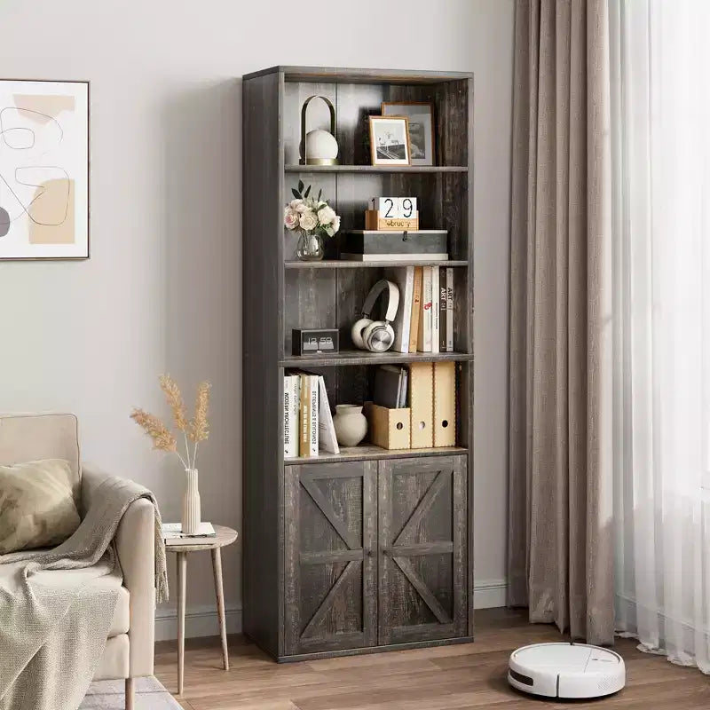 Libreria industriale con ante, libreria rustica da 71,4" con 6 ripiani (4 aperti e 2 dietro l'armadietto), scaffale in legno per soggiorno, ufficio domestico