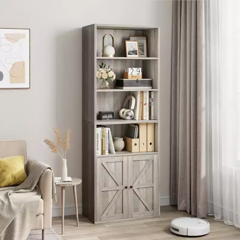 Libreria industriale con ante, libreria rustica da 71,4" con 6 ripiani (4 aperti e 2 dietro l'armadietto), scaffale in legno per soggiorno, ufficio domestico