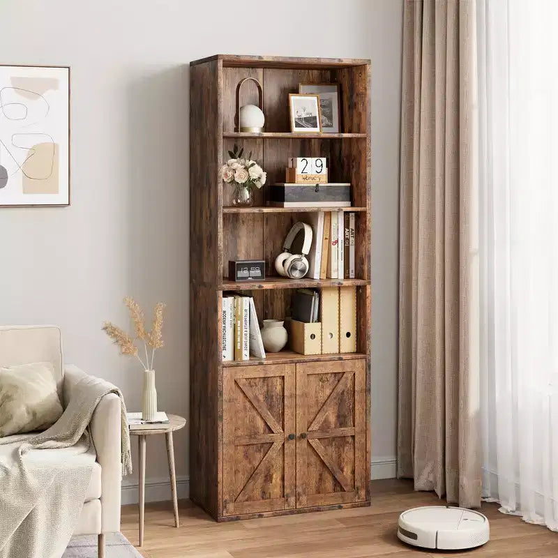 Libreria industriale con ante, libreria rustica da 71,4" con 6 ripiani (4 aperti e 2 dietro l'armadietto), scaffale in legno per soggiorno, ufficio domestico