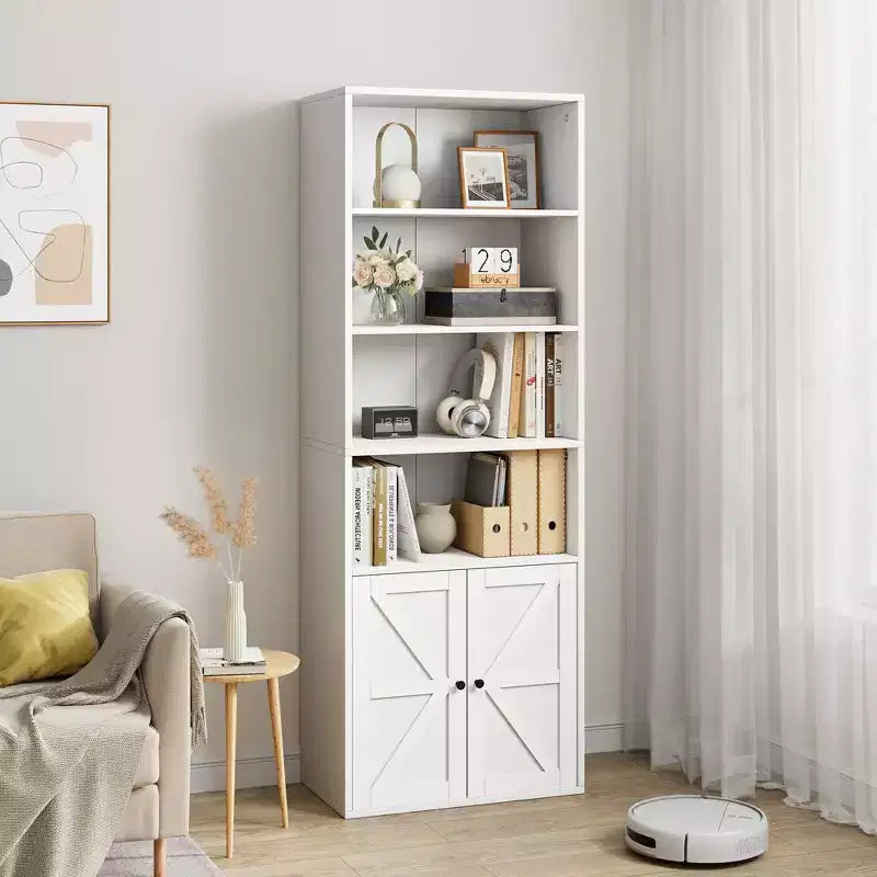 Libreria industriale con ante, libreria rustica da 71,4" con 6 ripiani (4 aperti e 2 dietro l'armadietto), scaffale in legno per soggiorno, ufficio domestico
