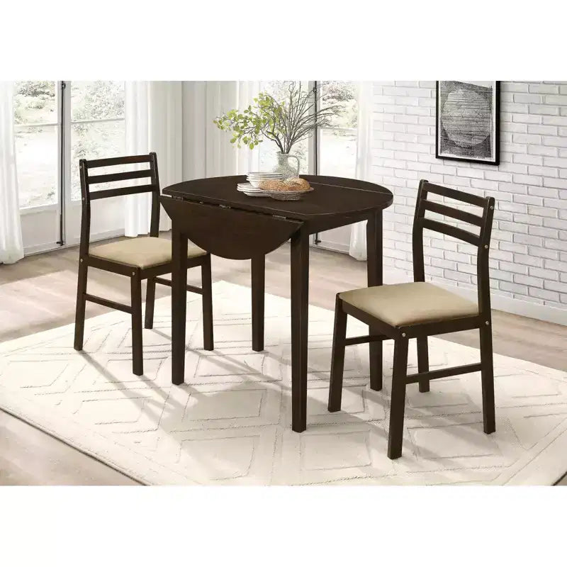 Set da pranzo Okak 3 pezzi retrò con tavolo rotondo in legno e sedie senza braccioli per sala da pranzo, ristorante, set da pranzo moderno con design a foglia cadente