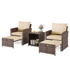 5-piece rattan outdoor patio furniture set includes plush cushions, two ottomans, and a double-decker coffee table.