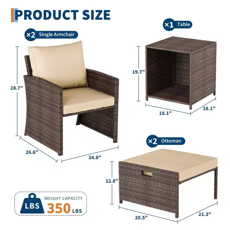 Il set di mobili da esterno in rattan da 5 pezzi include morbidi cuscini, due pouf e un tavolino da caffè a due piani.