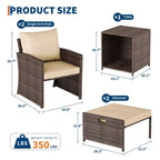 Il set di mobili da esterno in rattan da 5 pezzi include morbidi cuscini, due pouf e un tavolino da caffè a due piani.