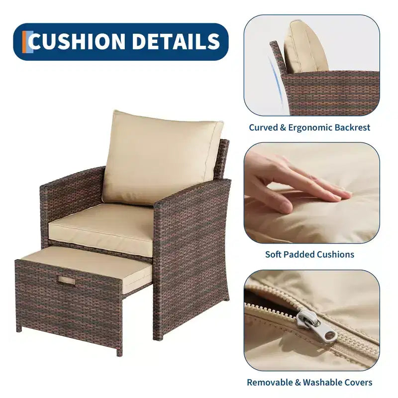 Il set di mobili da esterno in rattan da 5 pezzi include morbidi cuscini, due pouf e un tavolino da caffè a due piani.