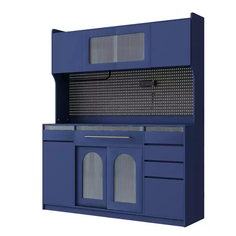 Credenza Whisen 63''W con mobile buffet e ampia caffetteria a sé stante con vetrina, 6 cassetti, 5 armadietti - Blu