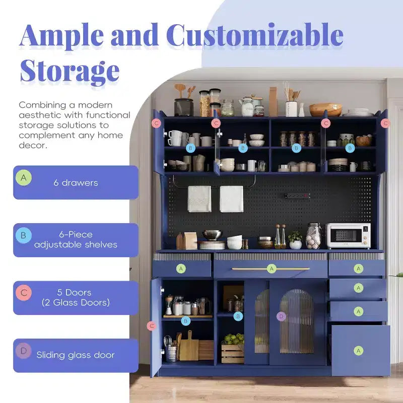 Credenza Whisen 63''W con mobile buffet e ampia caffetteria a sé stante con vetrina, 6 cassetti, 5 armadietti - Blu