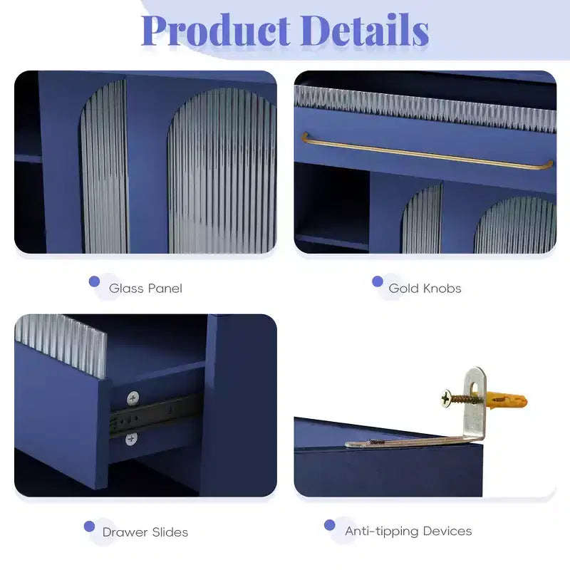 Credenza Whisen 63''W con mobile buffet e ampia caffetteria a sé stante con vetrina, 6 cassetti, 5 armadietti - Blu