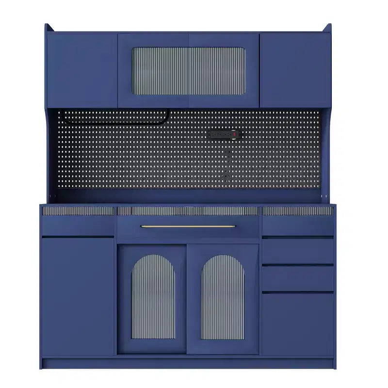 Credenza Whisen 63''W con mobile buffet e ampia caffetteria a sé stante con vetrina, 6 cassetti, 5 armadietti - Blu