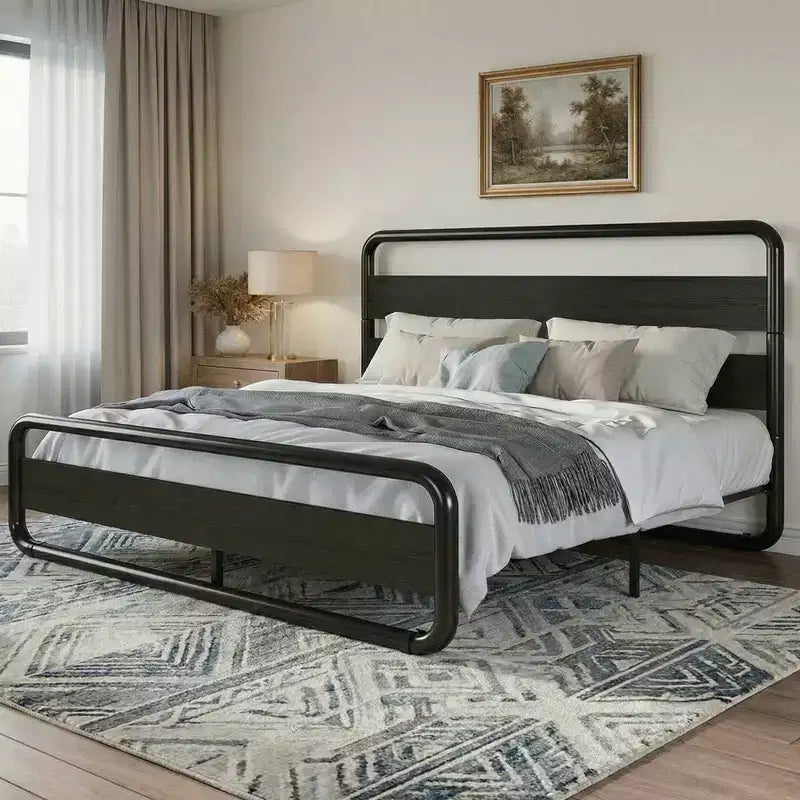 King Size Metal Bed with Curved Wood Head & Footboard, Heavy Duty Platform Bed Frame, Under-Bed Storage, Easy Assembly, Black
