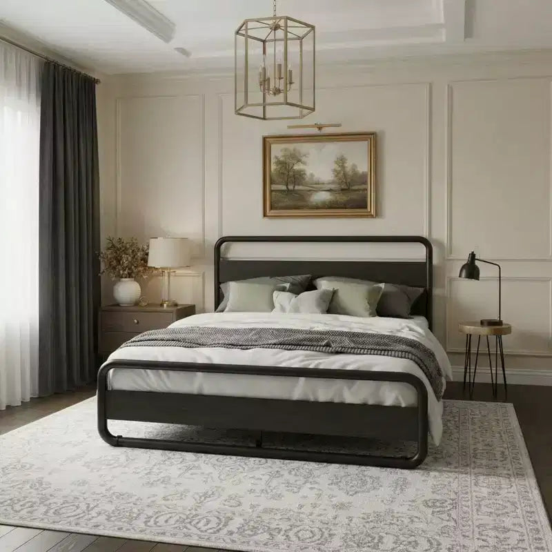 Letto in metallo King Size con testiera e pediera in legno curvato, struttura del letto a piattaforma resistente, contenitore sotto il letto, facile montaggio, nero