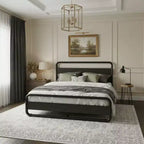 Letto in metallo King Size con testiera e pediera in legno curvato, struttura del letto a piattaforma resistente, contenitore sotto il letto, facile montaggio, nero
