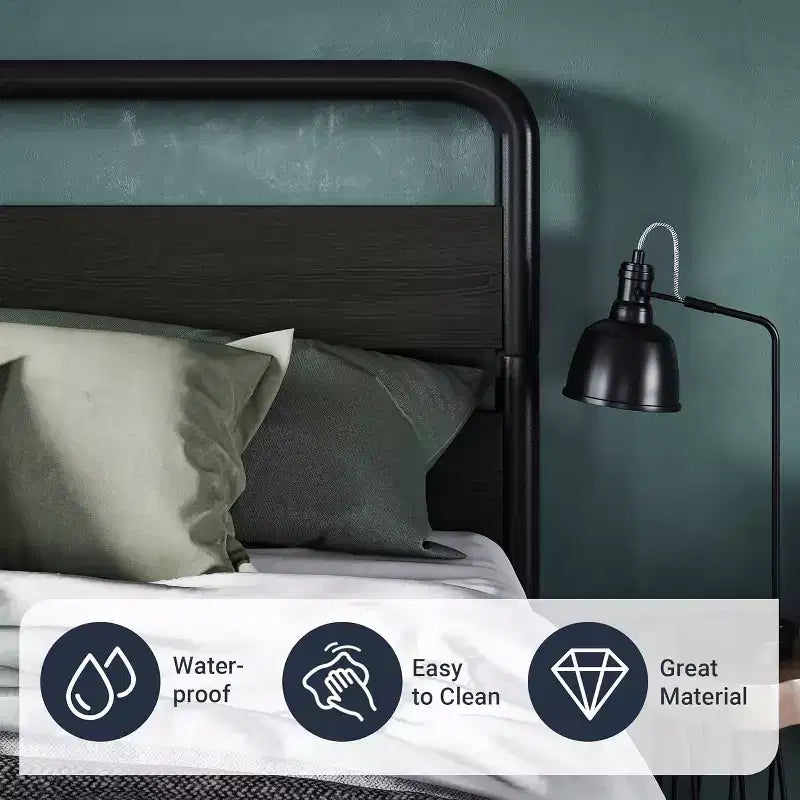 Letto in metallo King Size con testiera e pediera in legno curvato, struttura del letto a piattaforma resistente, contenitore sotto il letto, facile montaggio, nero