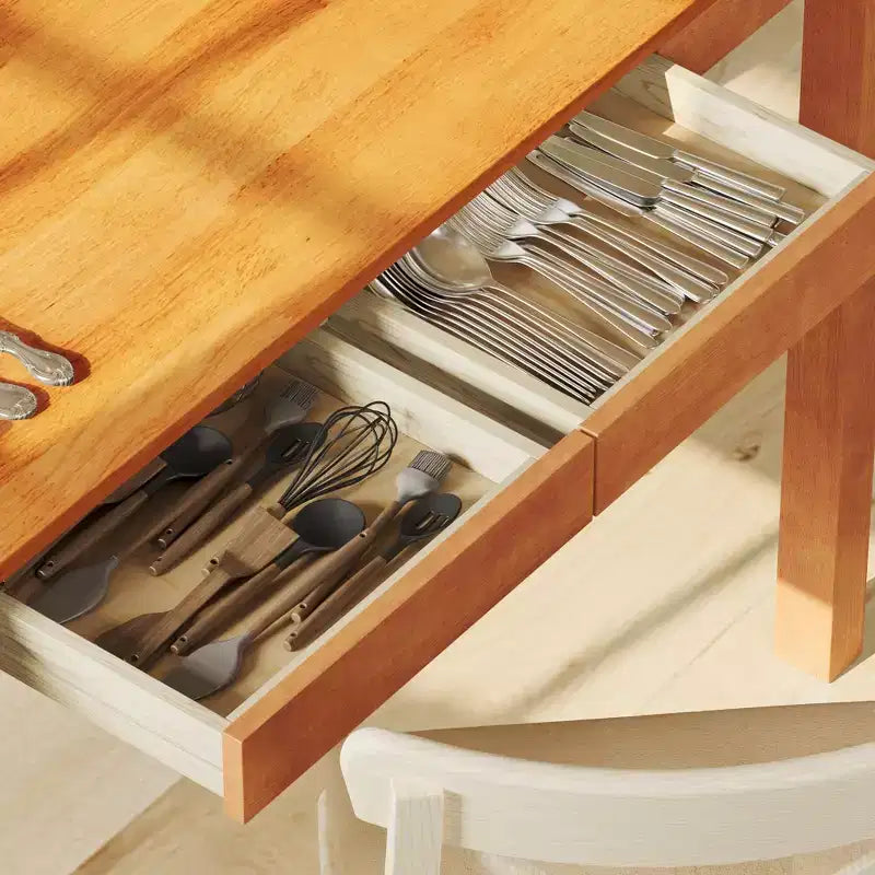 Tavolo da pranzo Famapy in legno naturale con 2 cassetti portaoggetti, superficie spaziosa, porta posate organizzato, essenziale per cucina e sala da pranzo