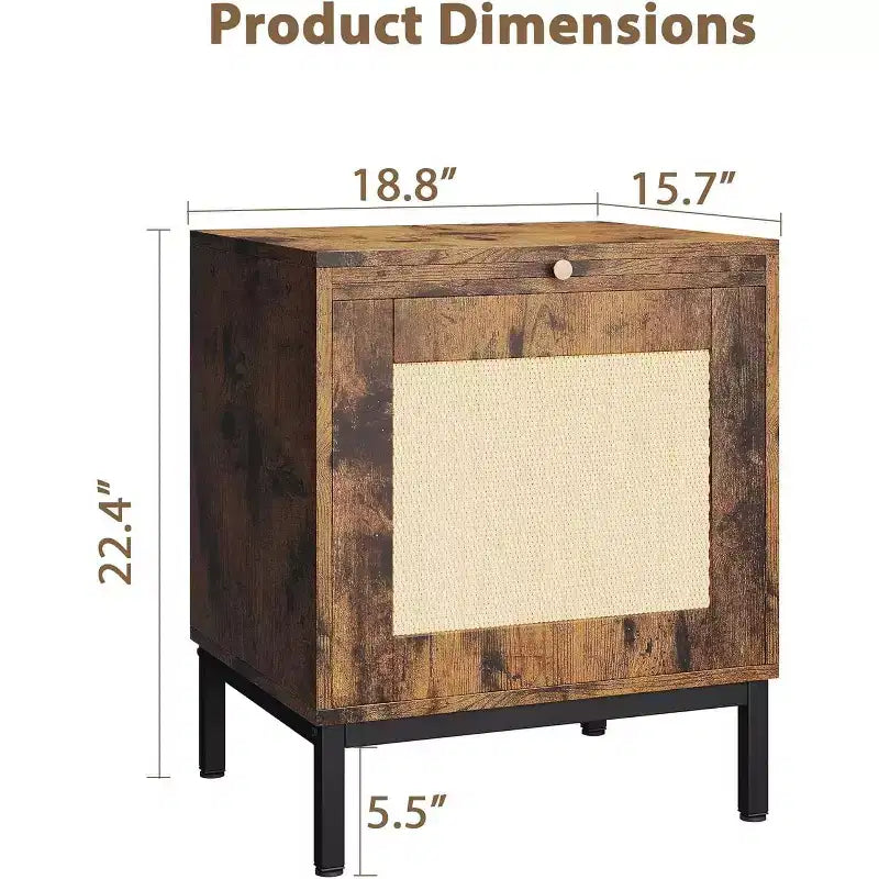 Comodino in Rattan, Comodino con Cassetto in Rattan e Pomelli in Ottone, Tavolino Comodino Boho con Scaffale Contenitore per Camera da Letto