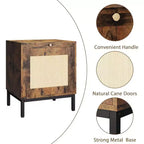 Comodino in Rattan, Comodino con Cassetto in Rattan e Pomelli in Ottone, Tavolino Comodino Boho con Scaffale Contenitore per Camera da Letto