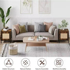 Comodino in Rattan, Comodino con Cassetto in Rattan e Pomelli in Ottone, Tavolino Comodino Boho con Scaffale Contenitore per Camera da Letto