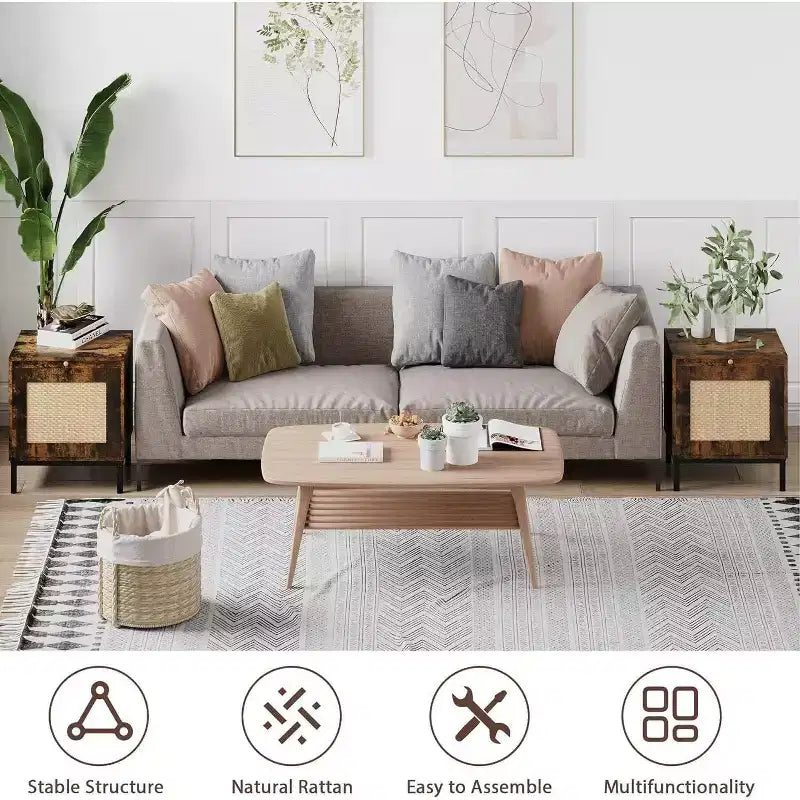 Comodino in Rattan, Comodino con Cassetto in Rattan e Pomelli in Ottone, Tavolino Comodino Boho con Scaffale Contenitore per Camera da Letto
