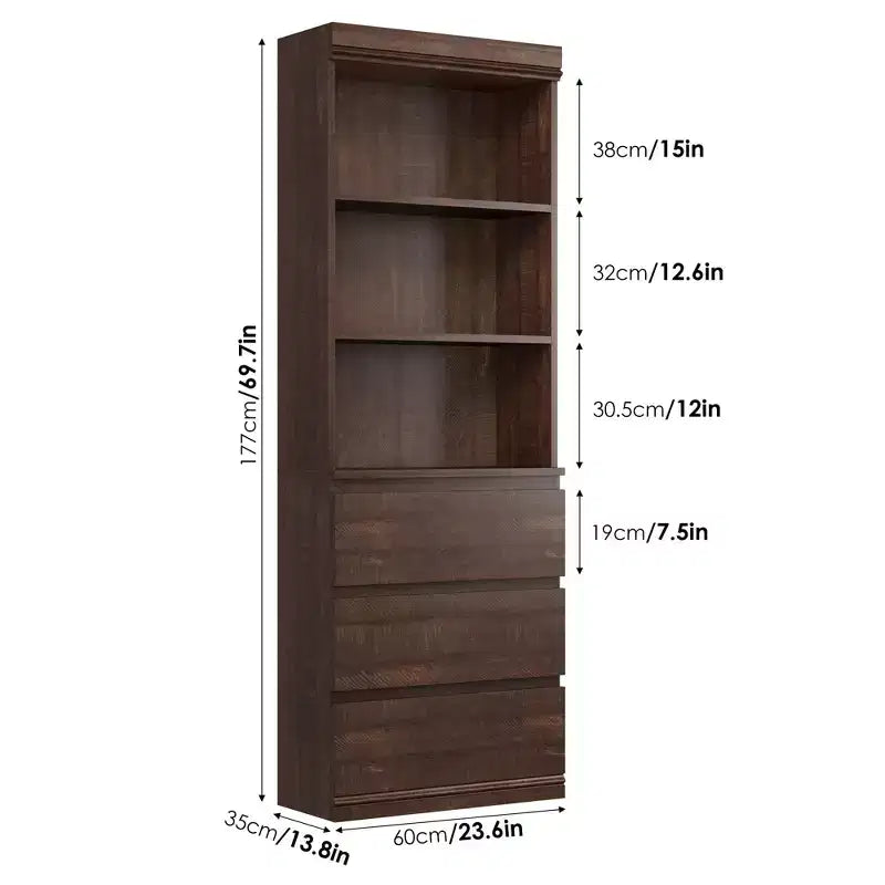 70 Libreria con cassetti, libreria alta in stile rustico, librerie in legno profonde, mobile contenitore per soggiorno, studio, ufficio domestico
