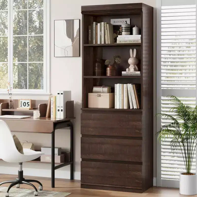 70 Libreria con cassetti, libreria alta in stile rustico, librerie in legno profonde, mobile contenitore per soggiorno, studio, ufficio domestico