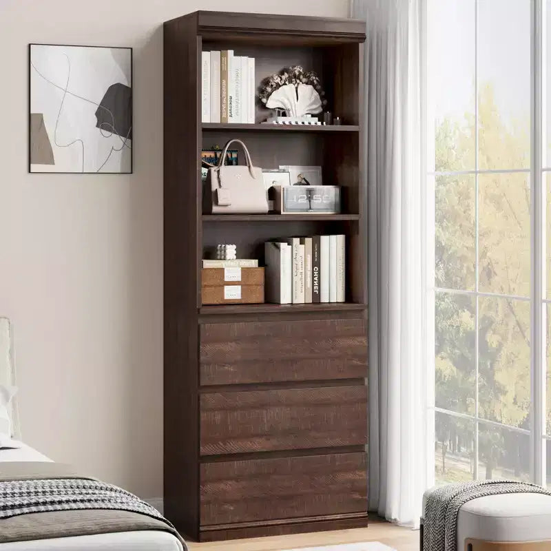 70 Libreria con cassetti, libreria alta in stile rustico, librerie in legno profonde, mobile contenitore per soggiorno, studio, ufficio domestico