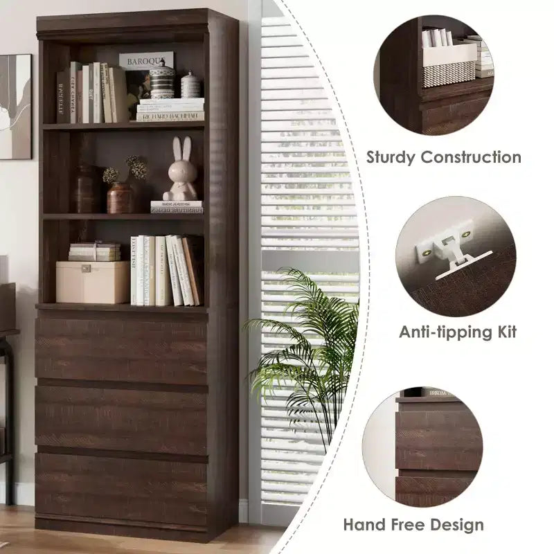 70 Libreria con cassetti, libreria alta in stile rustico, librerie in legno profonde, mobile contenitore per soggiorno, studio, ufficio domestico