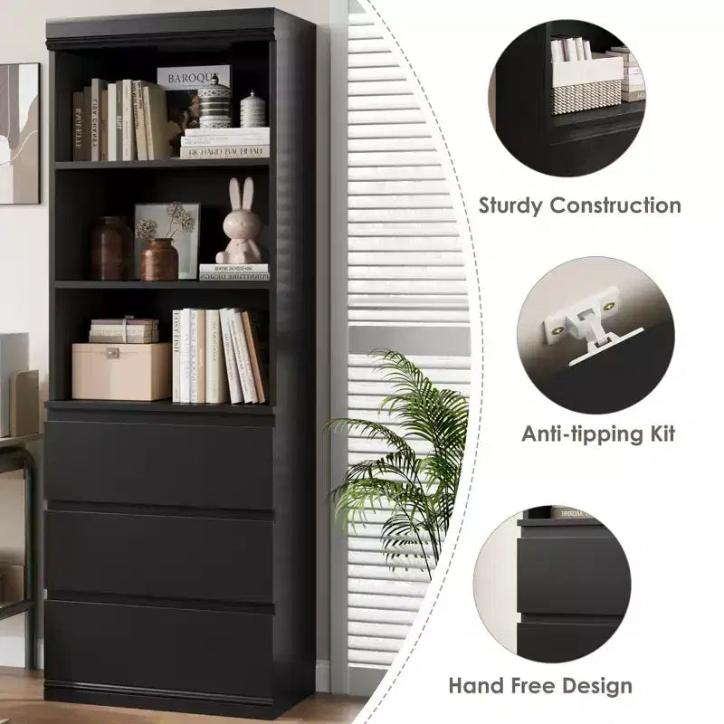 70 Libreria con cassetti, libreria alta in stile rustico, librerie in legno profonde, mobile contenitore per soggiorno, studio, ufficio domestico